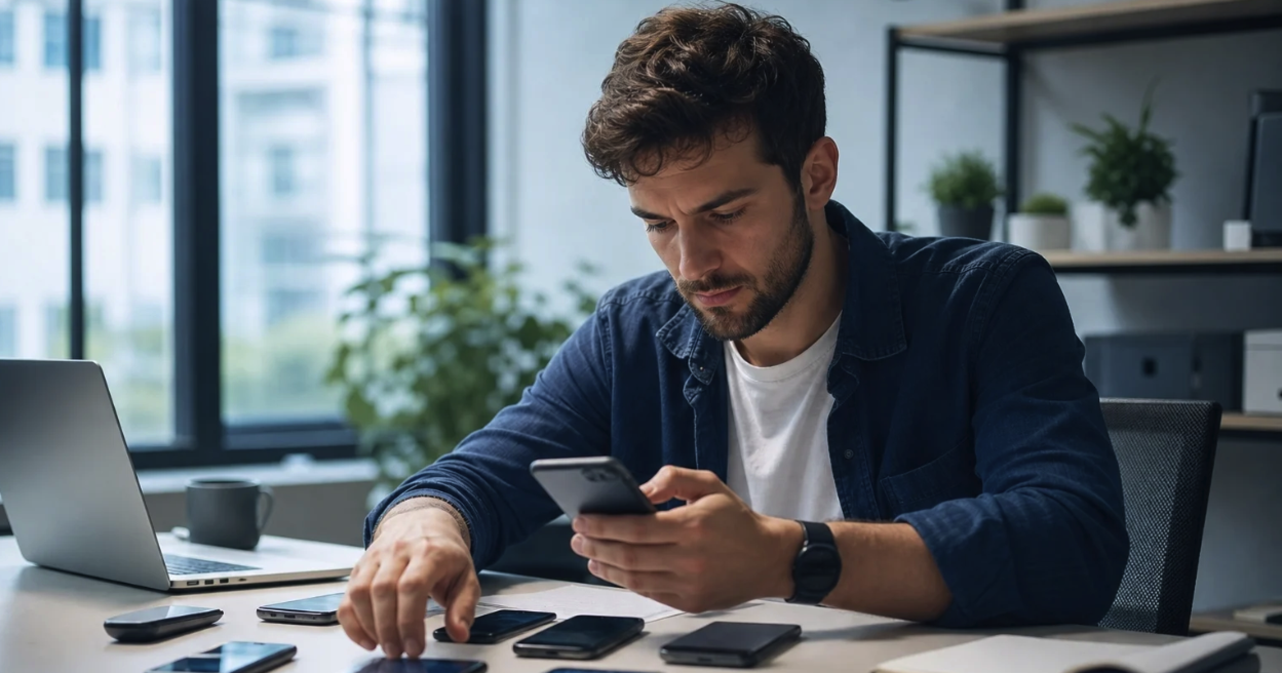 Man testing phones and laptop Man testing phones and laptop
